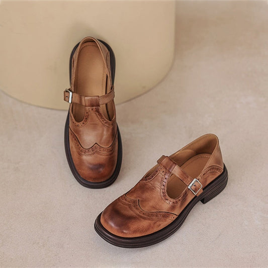 Claudia | Women's Leather T-Strap Mary Jane Shoes Brogue Block Heel