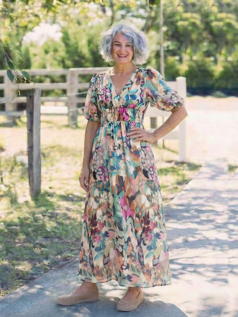 Hazel | Women's Botanical V-Neck Mid-Length Dress