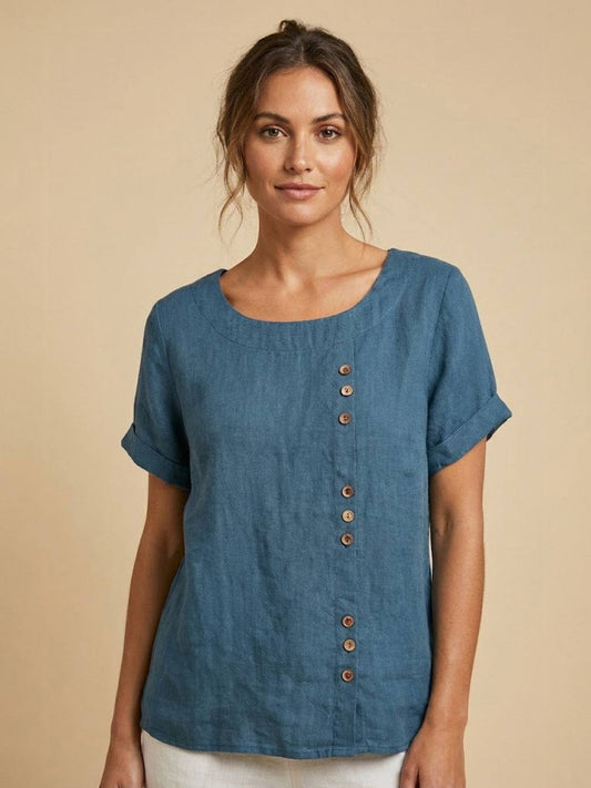 Sierra | Women's Relaxed Scoop Neck Button Detail Short Sleeve Top