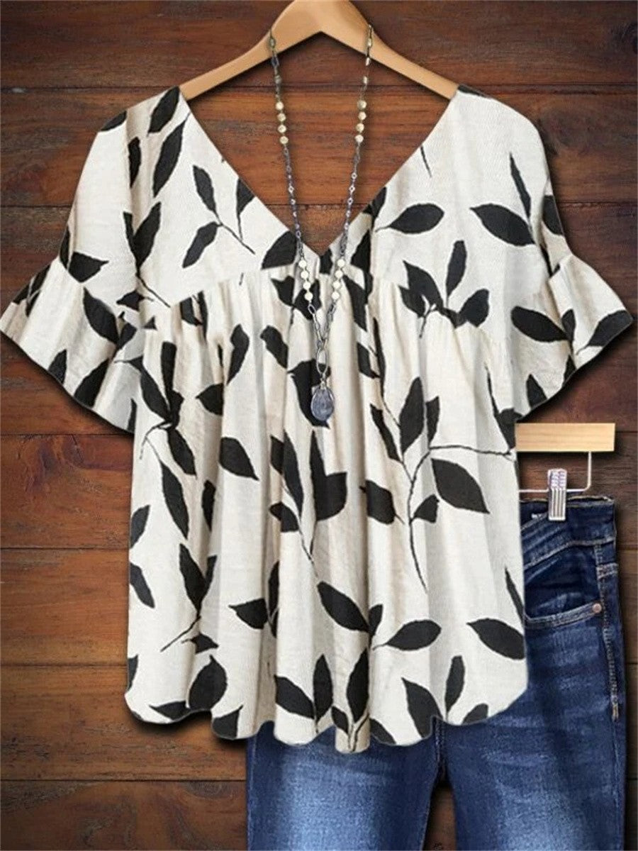 Sandra | Women's Leaf Print Short Sleeve Blouse