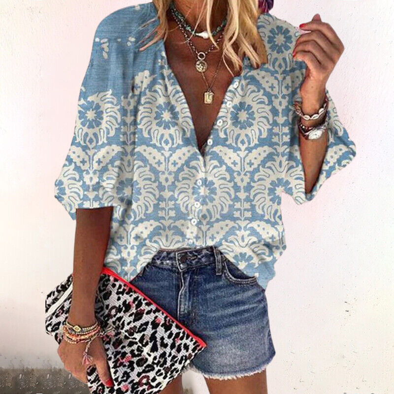 Alyssa | Women's Boho Print Blouse V-Neck Long Sleeve Button Down