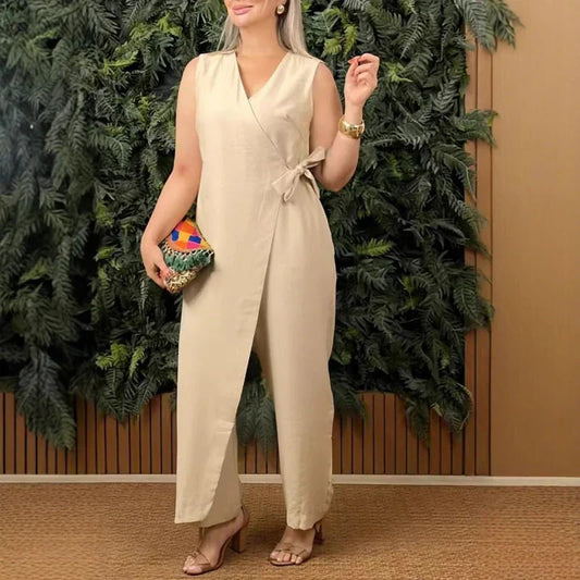 Melody | Women's Wrap V-Neck No-Sleeve Wide-Leg Jumpsuit Belted