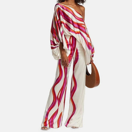 Stephanie | Women's Printed Two Piece Set Off Shoulder Top Wide Leg Pants