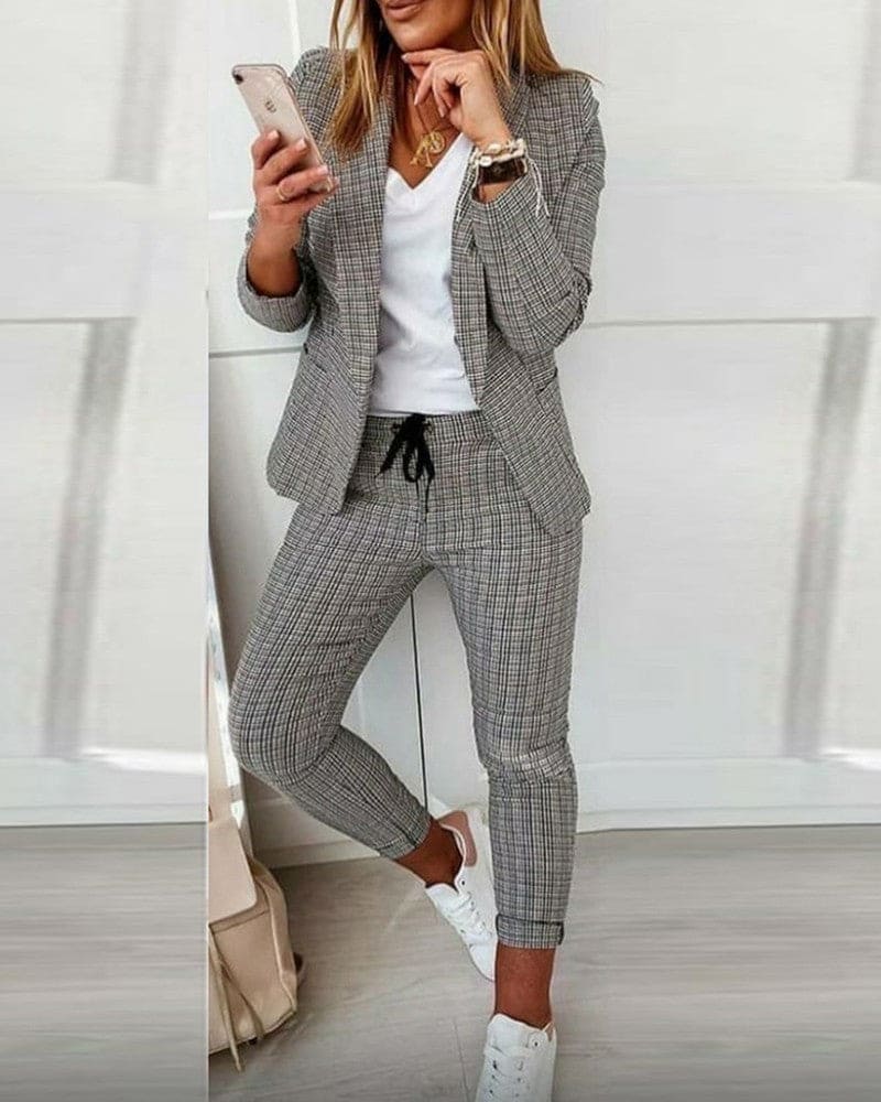 Tessa | Women's Plaid Blazer Set Long Sleeve Jacket Slim Pants Suit