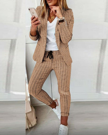 Tessa | Women's Plaid Blazer Set Long Sleeve Jacket Slim Pants Suit