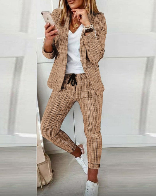 Tessa | Women's Plaid Blazer Set Long Sleeve Jacket Slim Pants Suit
