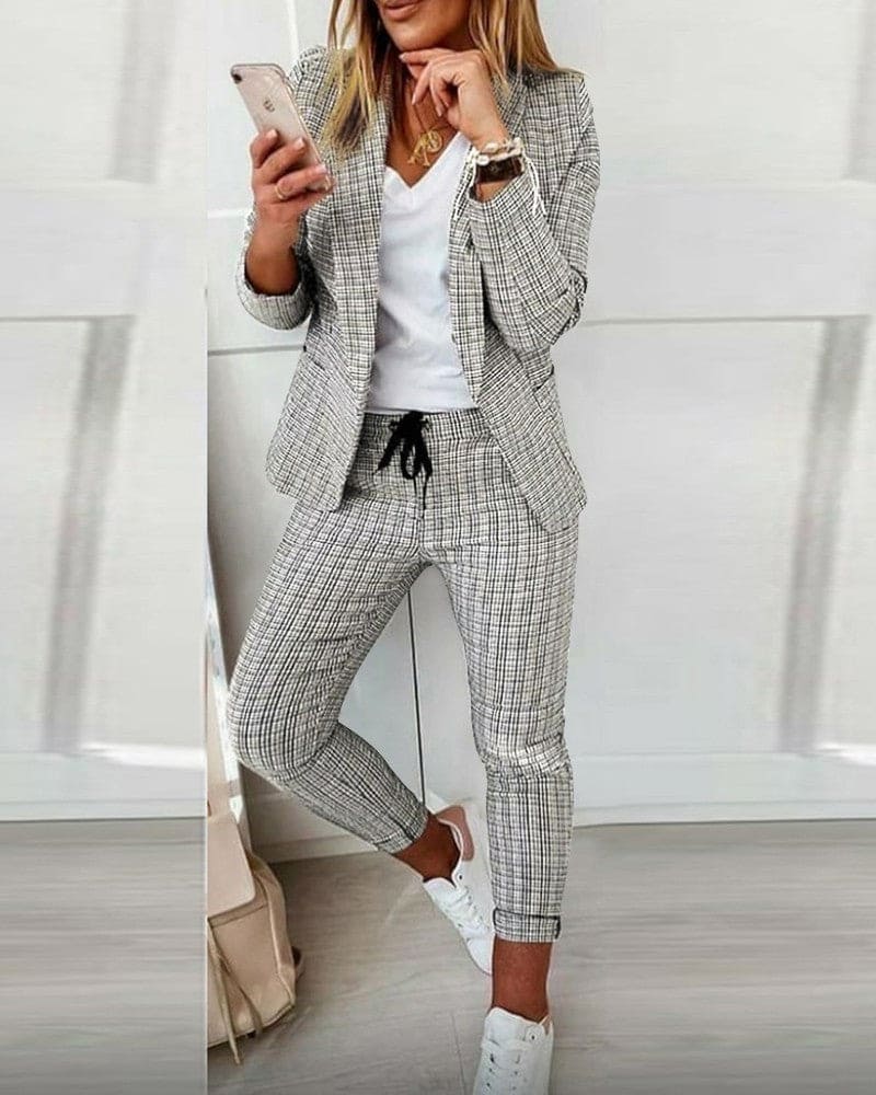 Tessa | Women's Plaid Blazer Set Long Sleeve Jacket Slim Pants Suit