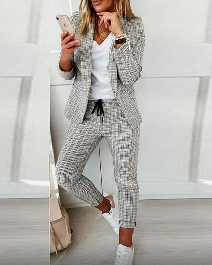 Tessa | Women's Plaid Blazer Set Long Sleeve Jacket Slim Pants Suit
