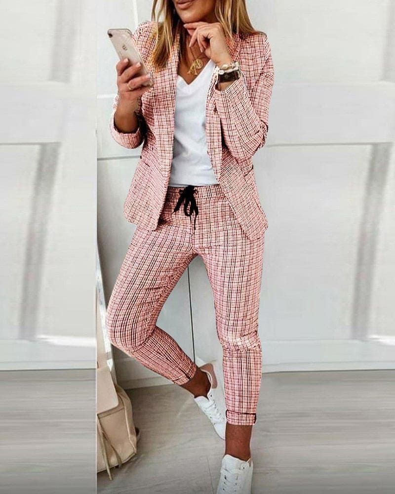Tessa | Women's Plaid Blazer Set Long Sleeve Jacket Slim Pants Suit