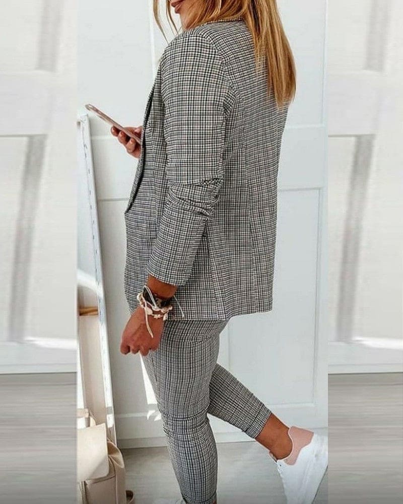 Tessa | Women's Plaid Blazer Set Long Sleeve Jacket Slim Pants Suit