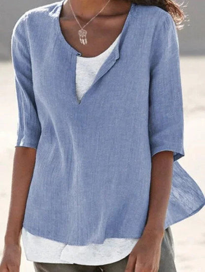Camille | Women's 3/4 Sleeve Blouse Split Neck Relaxed Top