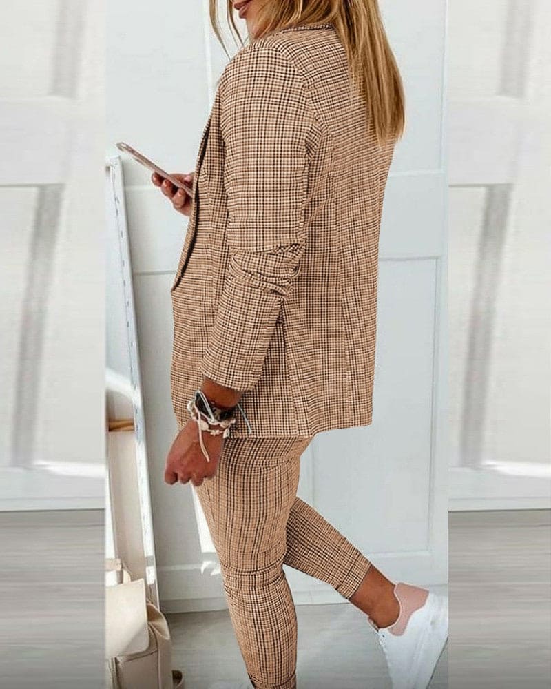 Tessa | Women's Plaid Blazer Set Long Sleeve Jacket Slim Pants Suit