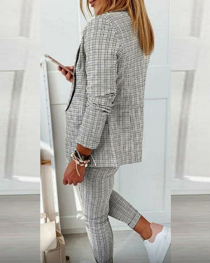 Tessa | Women's Plaid Blazer Set Long Sleeve Jacket Slim Pants Suit