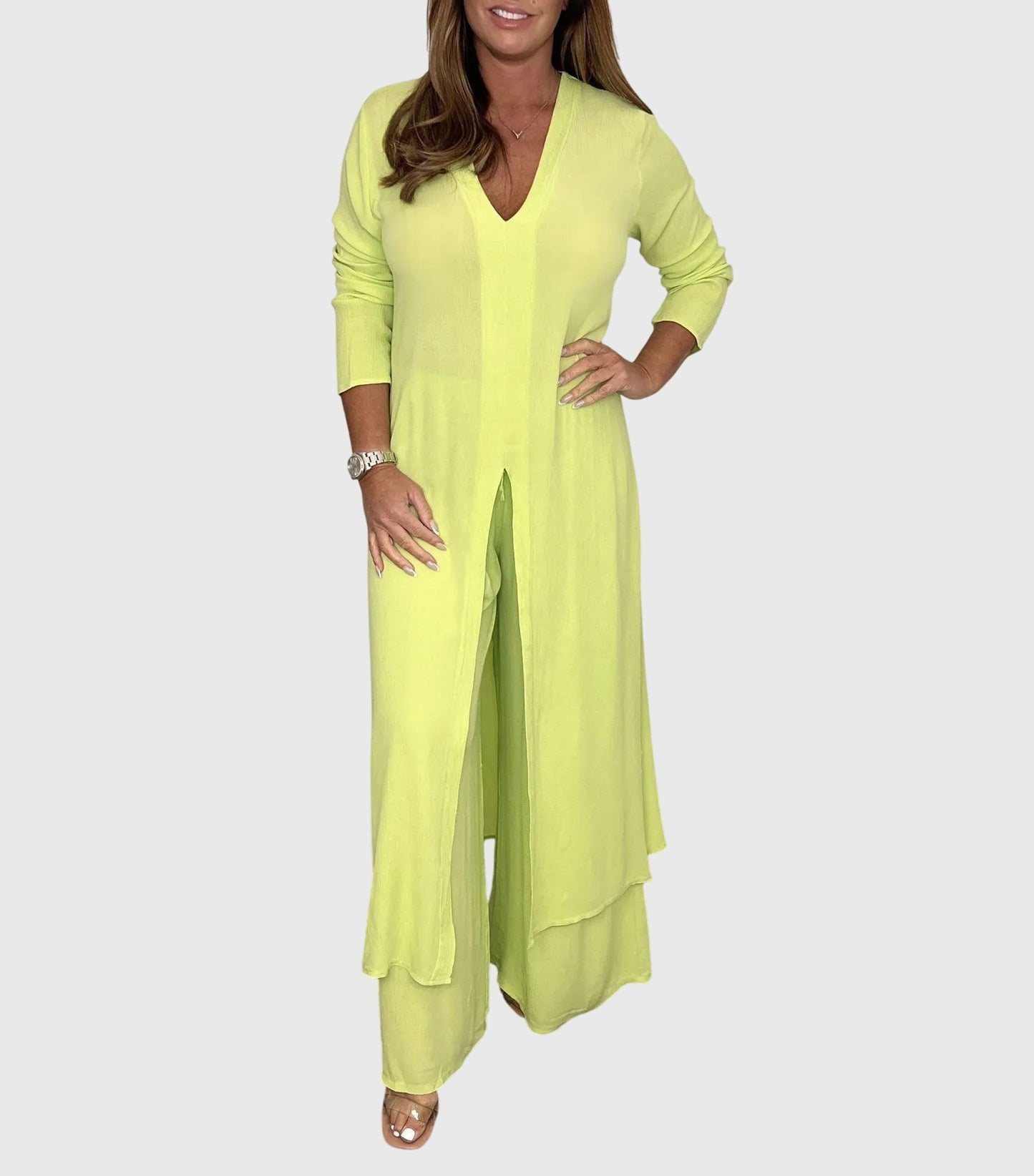 Nicole | Women's Duster Cardigan Two-Piece Set Wide Leg Pants