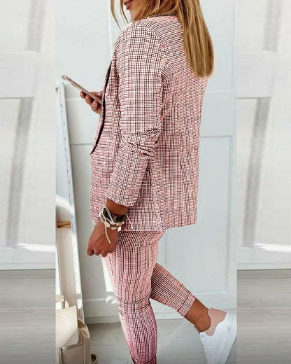 Tessa | Women's Plaid Blazer Set Long Sleeve Jacket Slim Pants Suit