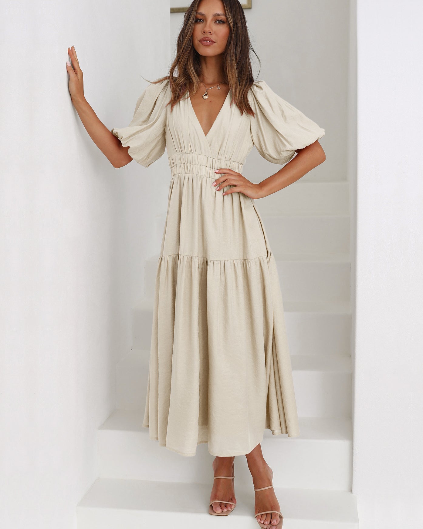 Ivy | Women's V-Neck Puff Sleeve Mid-Length Dress with Smocked Waist