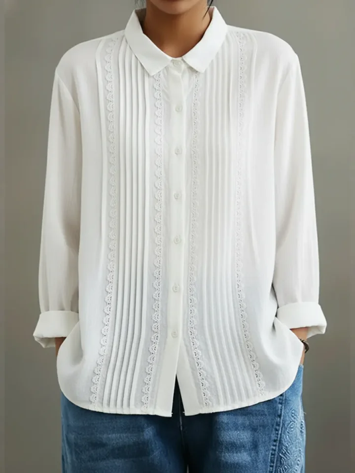 Nicole | Women's Lace Trim Button-Up Long Sleeve Blouse