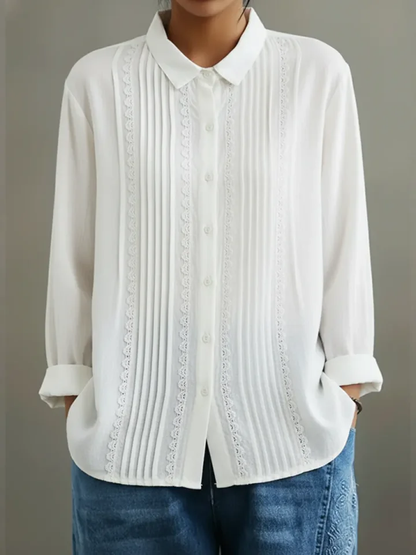 Nicole | Women's Lace Trim Button-Up Long Sleeve Blouse