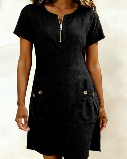 Sara | Women's Shift Dress Short-Sleeved Zip Neck with Pockets