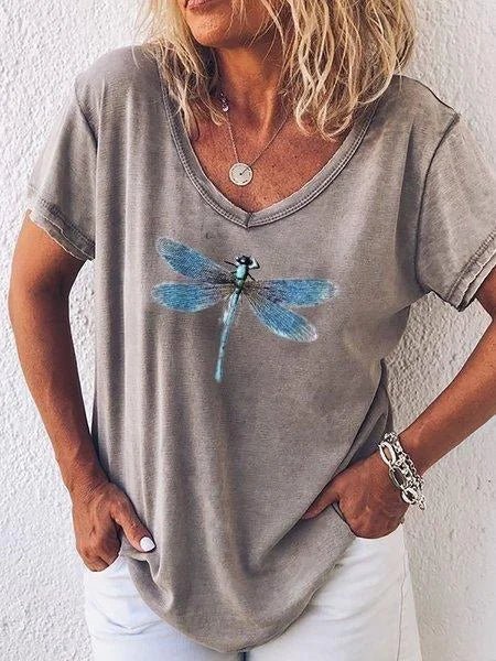 Bianca | Women's Dragonfly Print V-Neck Short Sleeve Relaxed Tee