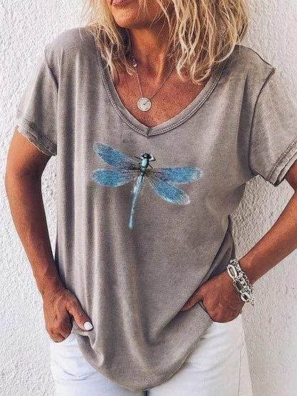 Bianca | Women's Dragonfly Print V-Neck Short Sleeve Relaxed Tee