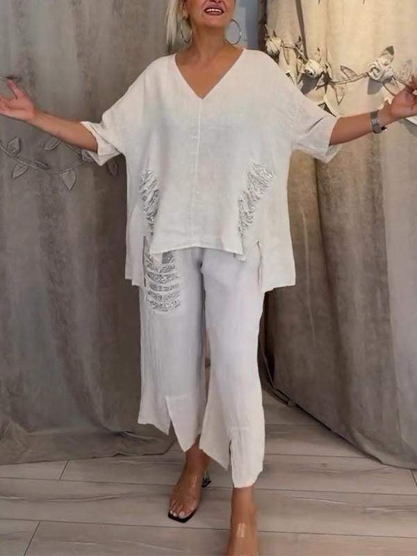 Nicole | Women's Relaxed 2 Piece Set V-Neck Top and Cropped Pants