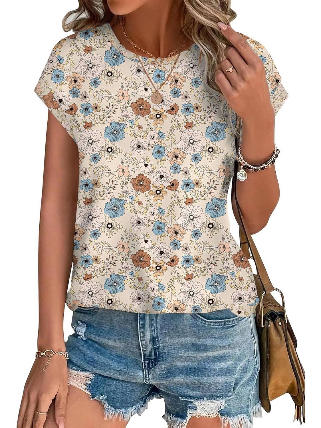Angie | Women's Leaf Print Crew Neck Cap Sleeve Relaxed Top