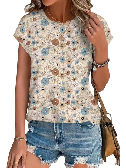Angie | Women's Leaf Print Crew Neck Cap Sleeve Relaxed Top