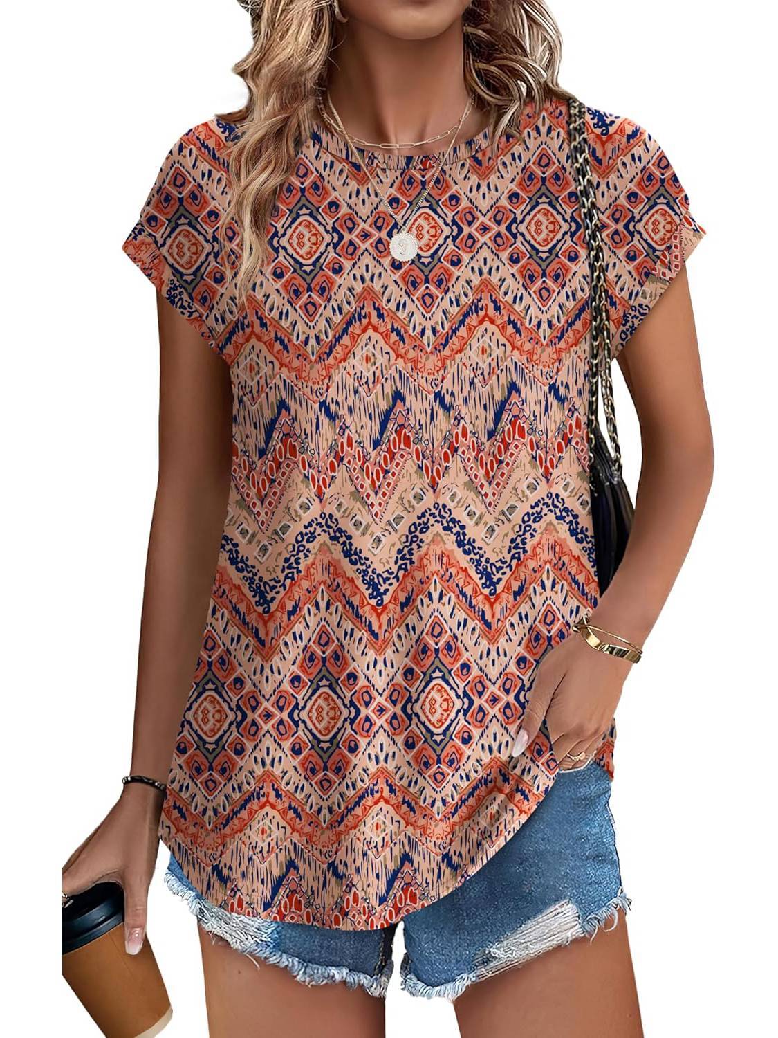Angie | Women's Leaf Print Crew Neck Cap Sleeve Relaxed Top