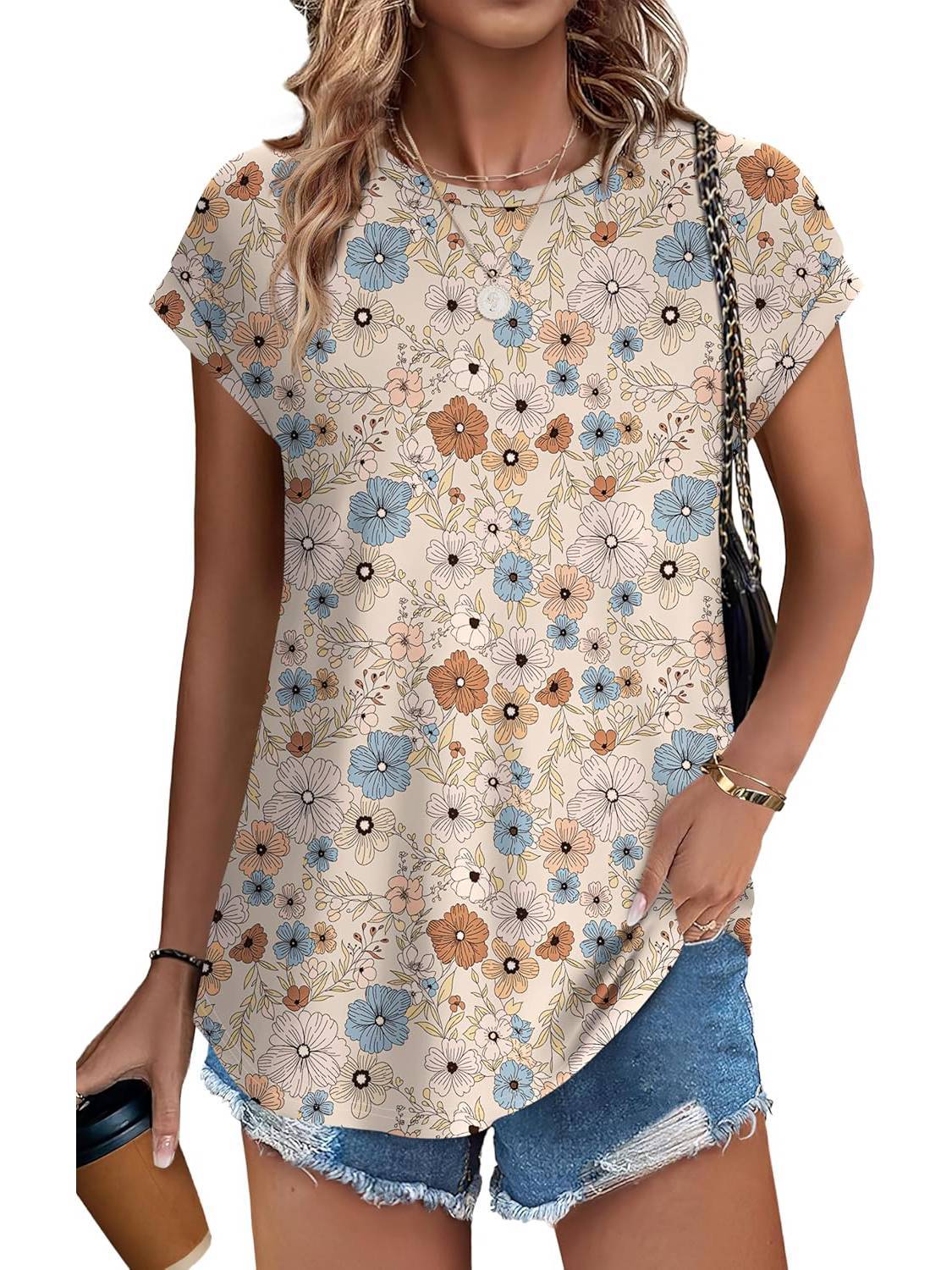 Angie | Women's Leaf Print Crew Neck Cap Sleeve Relaxed Top