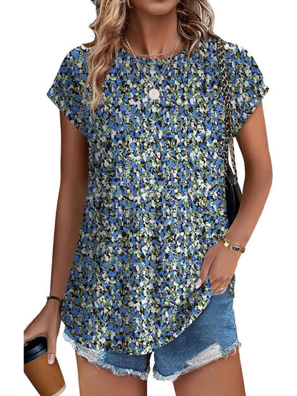 Angie | Women's Leaf Print Crew Neck Cap Sleeve Relaxed Top