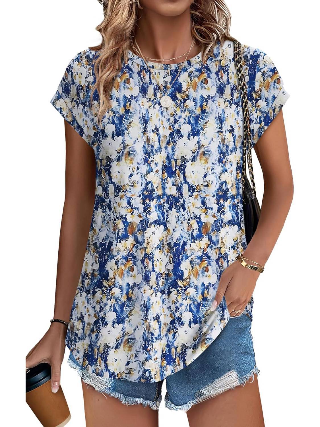 Angie | Women's Leaf Print Crew Neck Cap Sleeve Relaxed Top