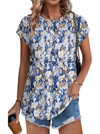 Angie | Women's Leaf Print Crew Neck Cap Sleeve Relaxed Top