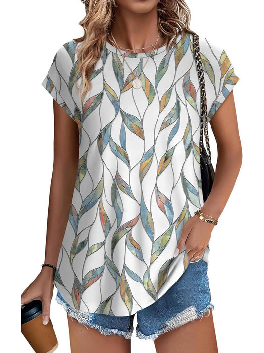 Angie | Women's Leaf Print Crew Neck Cap Sleeve Relaxed Top