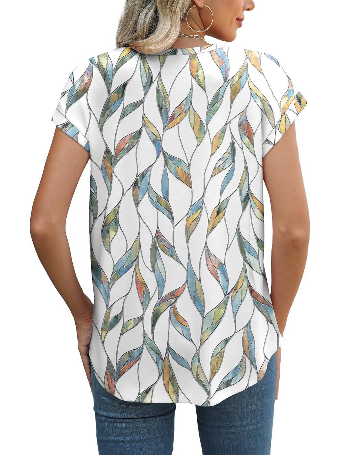 Angie | Women's Leaf Print Crew Neck Cap Sleeve Relaxed Top