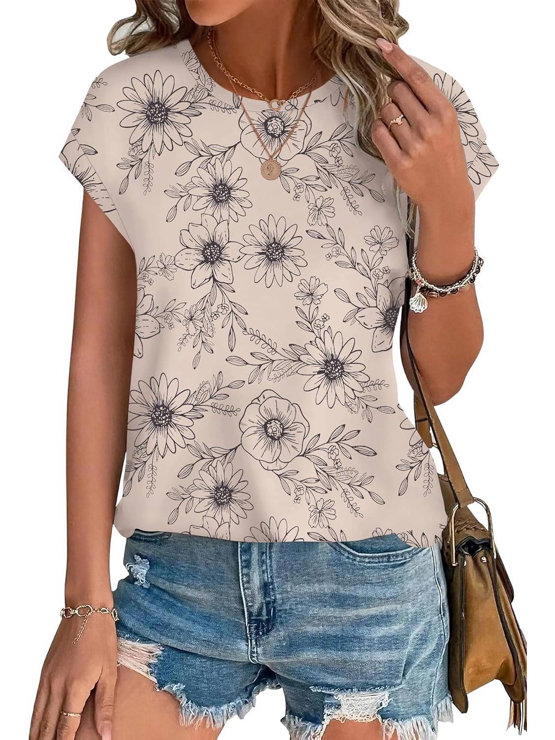 Angie | Women's Leaf Print Crew Neck Cap Sleeve Relaxed Top