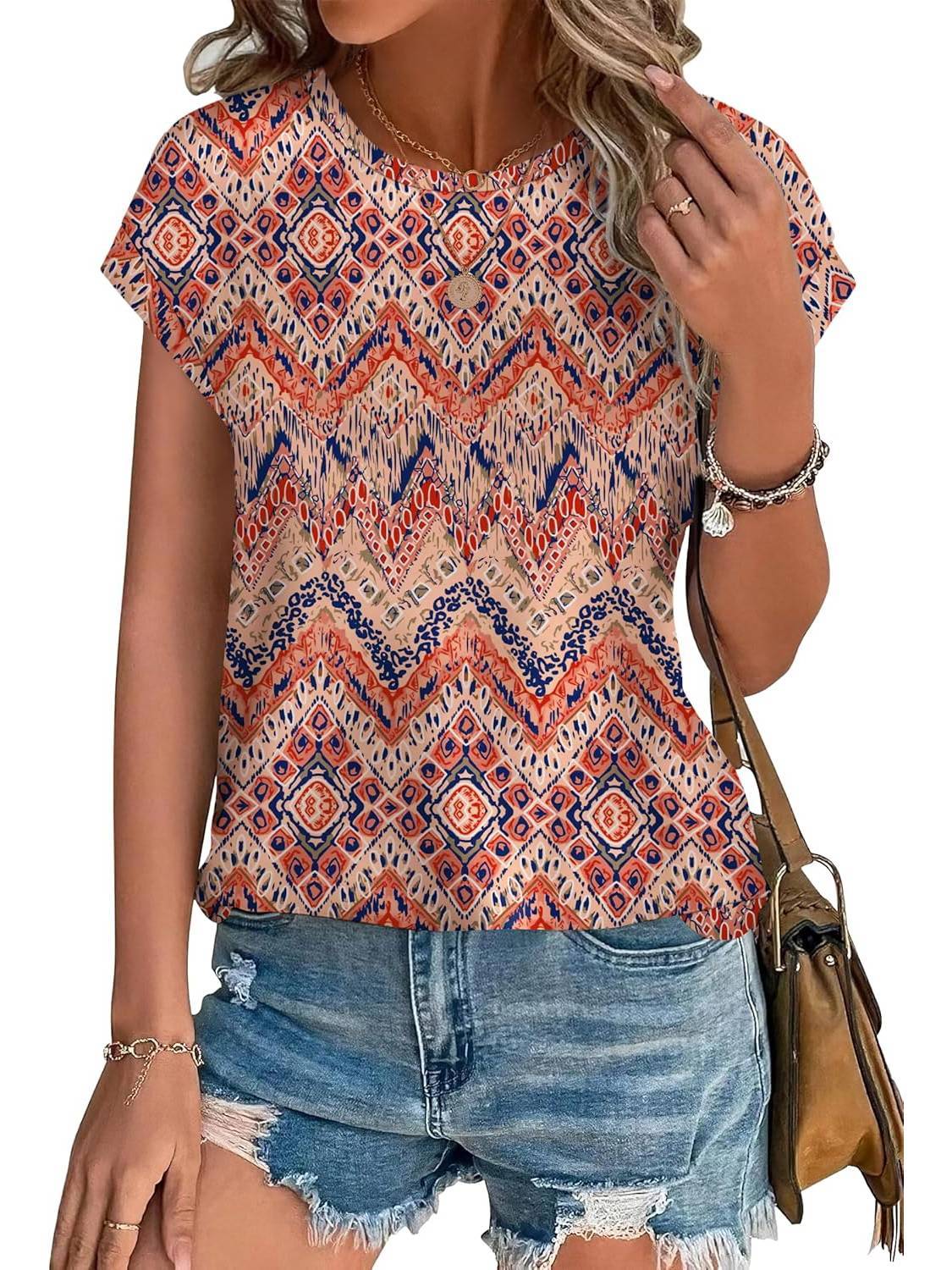 Angie | Women's Leaf Print Crew Neck Cap Sleeve Relaxed Top
