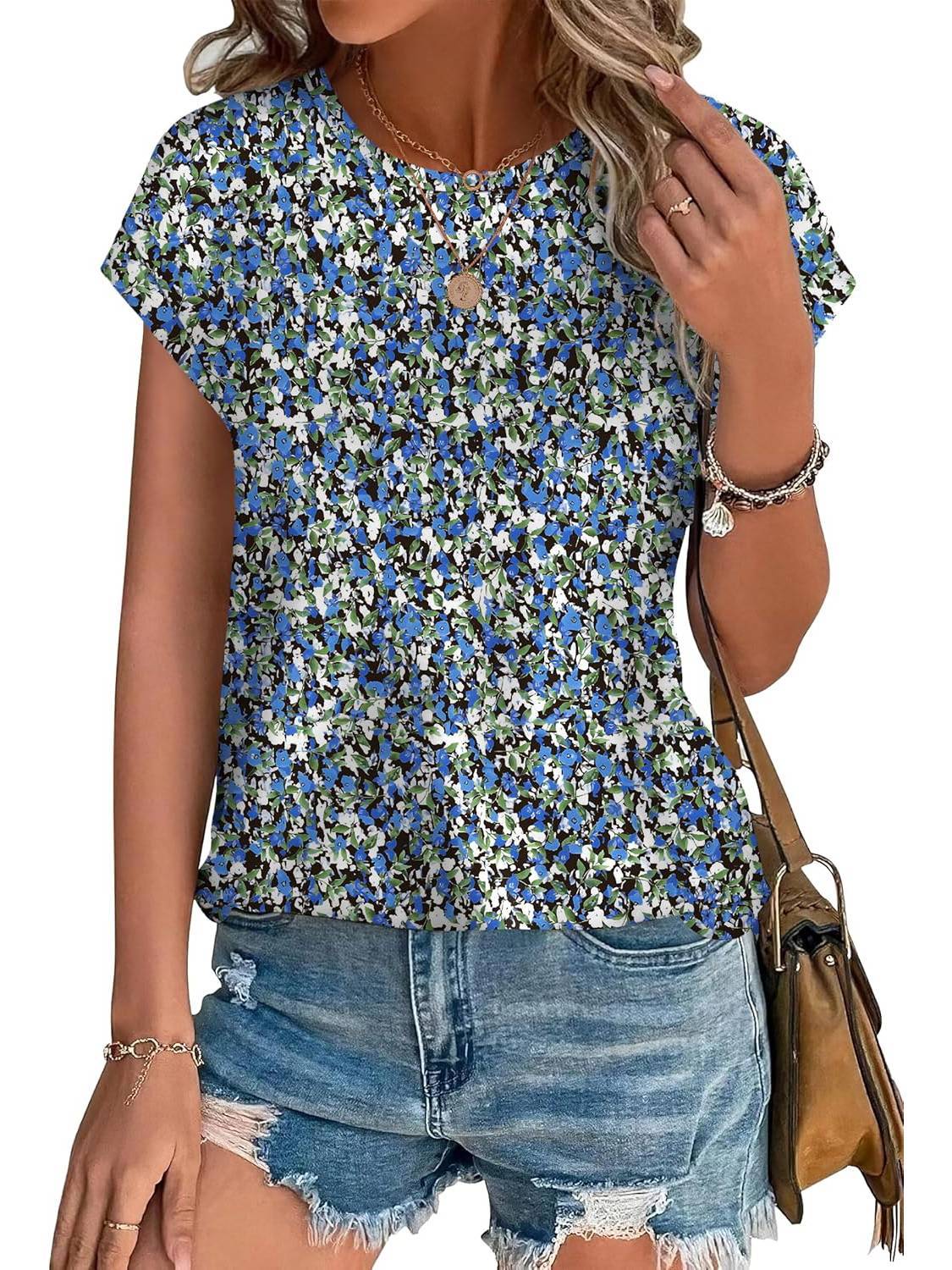 Angie | Women's Leaf Print Crew Neck Cap Sleeve Relaxed Top