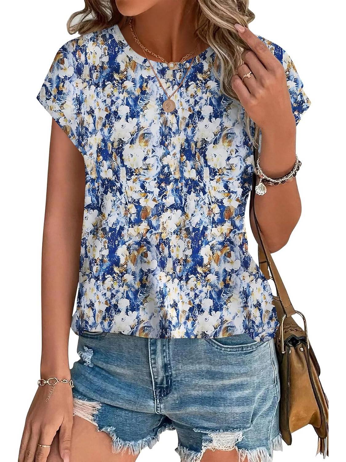 Angie | Women's Leaf Print Crew Neck Cap Sleeve Relaxed Top