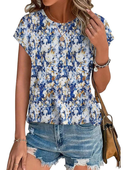 Angie | Women's Leaf Print Crew Neck Cap Sleeve Relaxed Top