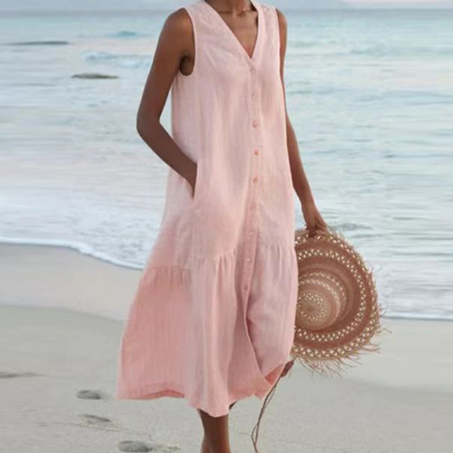 Brinley | No-Sleeve Buttoned Mid-Length Dress