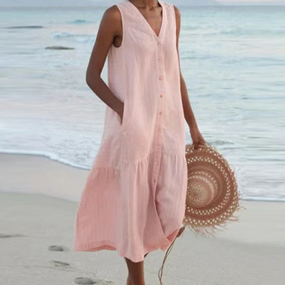 Brinley | No-Sleeve Buttoned Mid-Length Dress