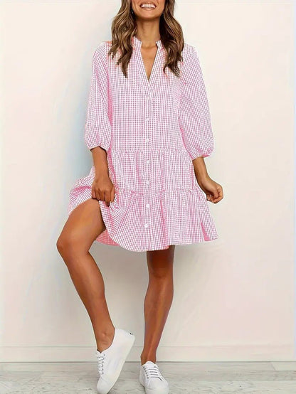 Aurora | Women's Gingham Print Button-Through Short Dress Three-Quarter Sleeve