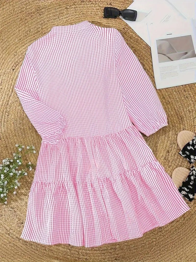 Aurora | Women's Gingham Print Button-Through Short Dress Three-Quarter Sleeve