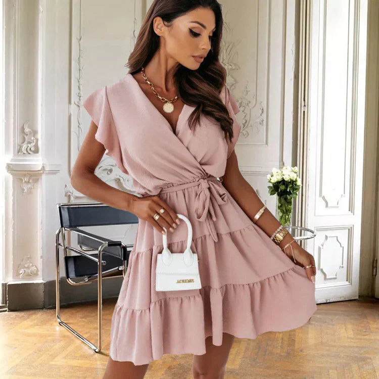 London | Women's Wrap Short Dress Flutter Sleeve Ruffle Belted