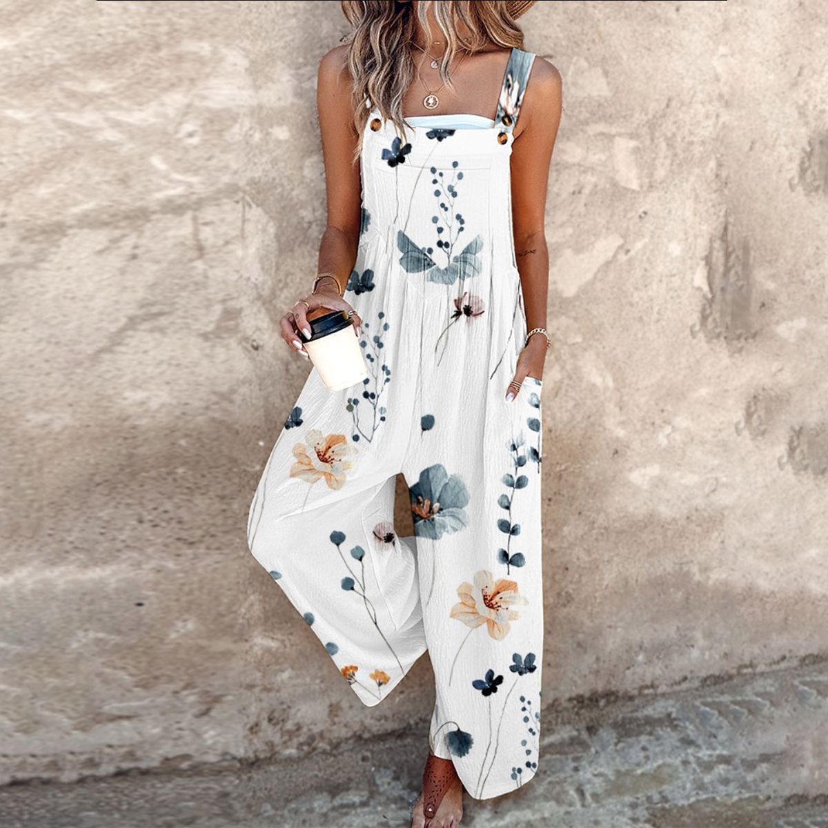 Brooke | Women's Floral Print Overalls Wide-Leg No-Sleeve Jumpsuit