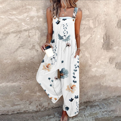 Brooke | Women's Floral Print Overalls Wide-Leg No-Sleeve Jumpsuit
