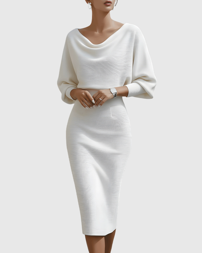 Taylor | Women's Cowl Neck Batwing Sleeve Ribbed Mid-Length Dress