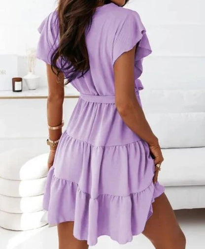 London | Women's Wrap Short Dress Flutter Sleeve Ruffle Belted