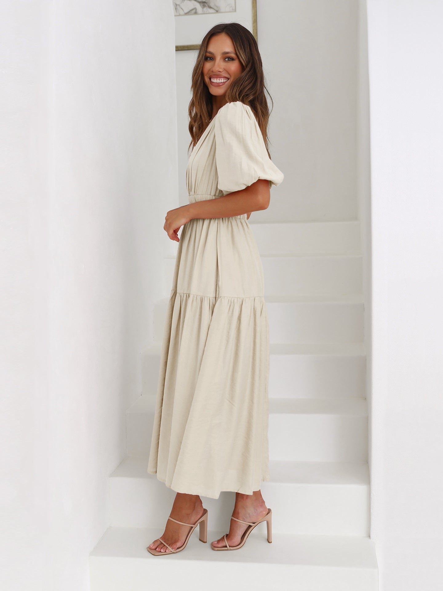 Ivy | Women's V-Neck Puff Sleeve Mid-Length Dress with Smocked Waist